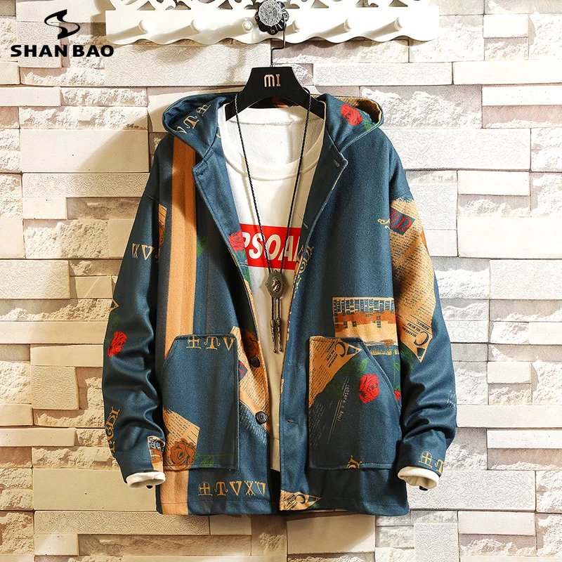 

SHANBAO Spring Fashion Flower Graffiti Print Hooded Jacket Trend High Street Style Men's Large Size Casual Loose Jacket M-5XL