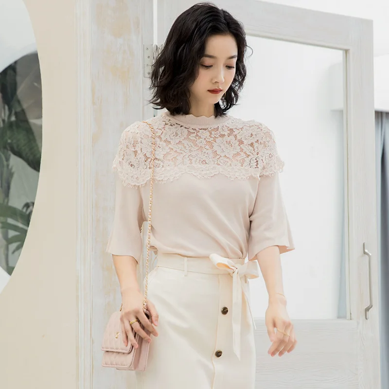 

Women's Summer Knitwear Women's Tops Sexy Lace Loose White Black Summer Sleeve Fashion Sweet Beauty Tops 0916