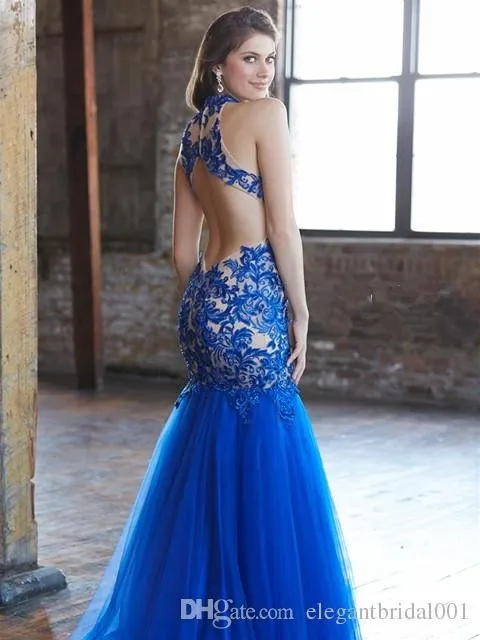 Sexy Шеи Экипажа Русалка Оболочка Applqiues Пром Dress Для Женщин Формальные Платье с Открытой Спиной