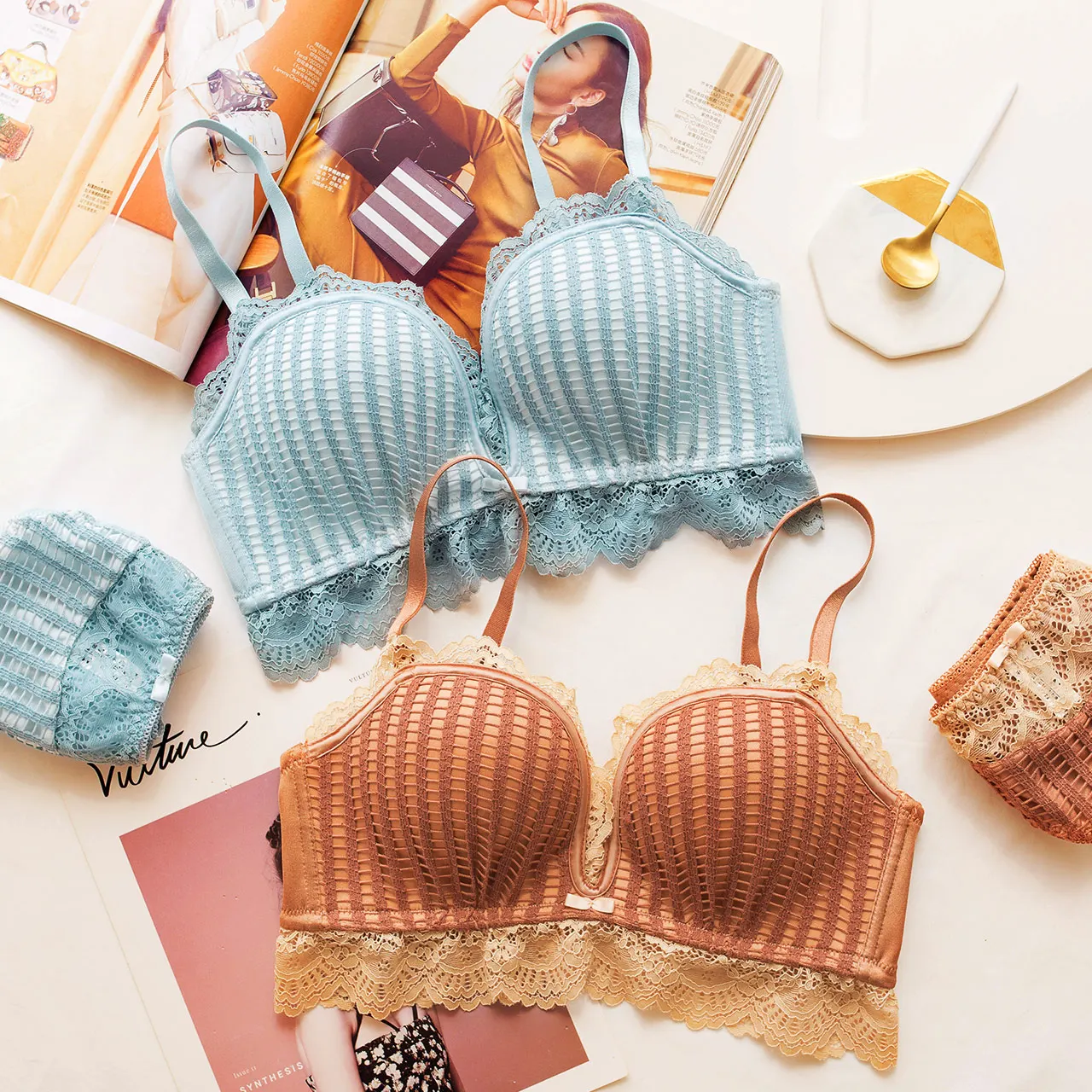 

Wasteheart Women Fashion Blue Wireless Lace Top Bow Bra Set Bralette Panties Push Up Underwear Sexy Lingerie Set Cup A B Luxury