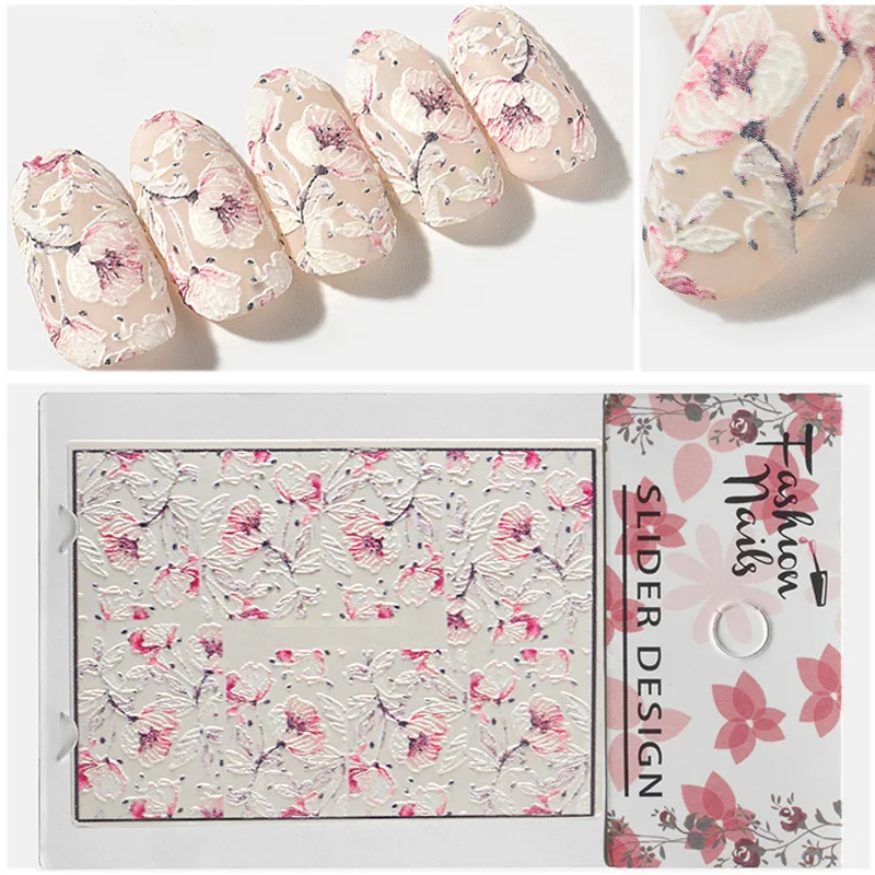 

1sheet 3D Nail Stickers Embossed Blooming Flower Leaves Butterfly Engraved Designs Nail Water Slide Decals Fashion Decorations