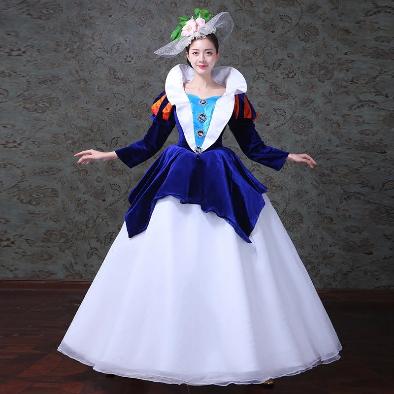 

Women European Court Princess Dresses Snow White Clothing Female Long Sleeves Ruffle Sleeves Halloween Costumes Party Ball Gown