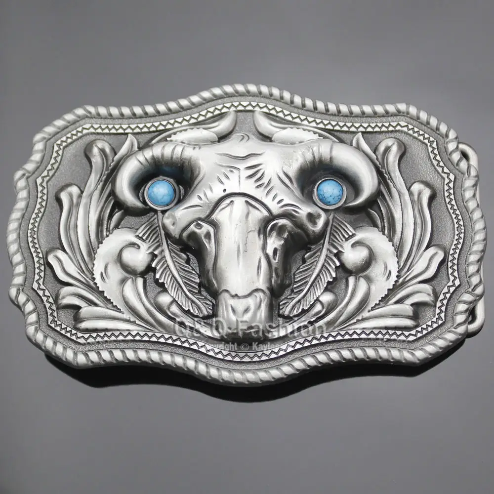 

Western Vintage Silver Baphomet Ram Skull Horn Sheep Turquoise Feather Belt Buckle Exchange Jewelry New Dropshipping