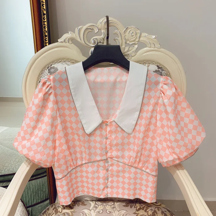 WHITNEY WANG Blouses Woman Summer Fashion Vintage Style Lantern Sleeve High Waist Check Blouse Women blusas Shirt Tops