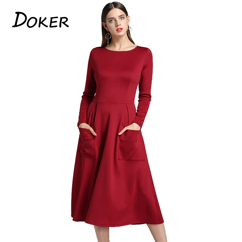 

Women Vintage Red Dress 2018 Autumn New Casual Pocket O-neck Long Sleeve Fit And Flare Dress Ladies Elegant Party Dress Vestido