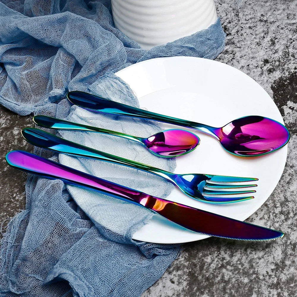 US $32.35 24 Pcs Tableware NonFading Flatware Set Cutlery Stainless Steel Dinnerware Set Rainbow Colorful Hotel Party Kitchen Gift Box