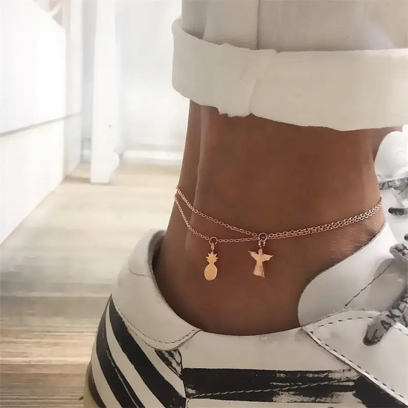 

NEWBUY 2pcs/set Trendy Retro Bohemian Anklets For Women Gold Color Pineapple Ankle Charm Bracelets Female Beach Accessories