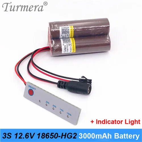 Turmera HG2 18650 3000mah аккумуляторная батарея с высокой разрядкой, 30A большой ток 10,8 v 12,6 v Аккумулятор для отвертки - Цвет: 3s-pack-indicator