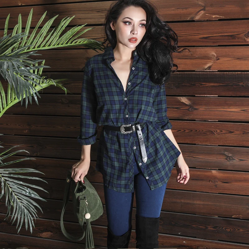 

2017 Autumn Essential BF Style Long Shirt Women Loose Type Green Blue Plaid Soft Warm Fabric One Size Fits All