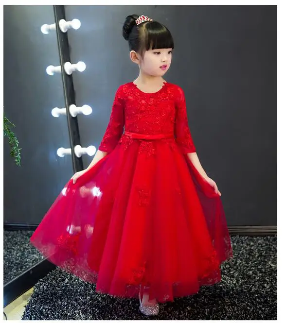 

Girls Pageant Long Formal Dresses 2017 Long Sleeve Gauze Gowns Lace Flowers Girls Tutu Dress Christmas Kids Wedding Party Dress