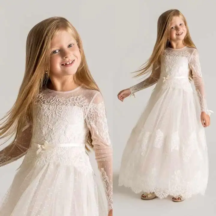 Платье принцессы с цветочным узором для девочек кружевное на заказ платье с длинными рукавами для Первого Причастия платье с аппликацией для маленьких детей на день рождения