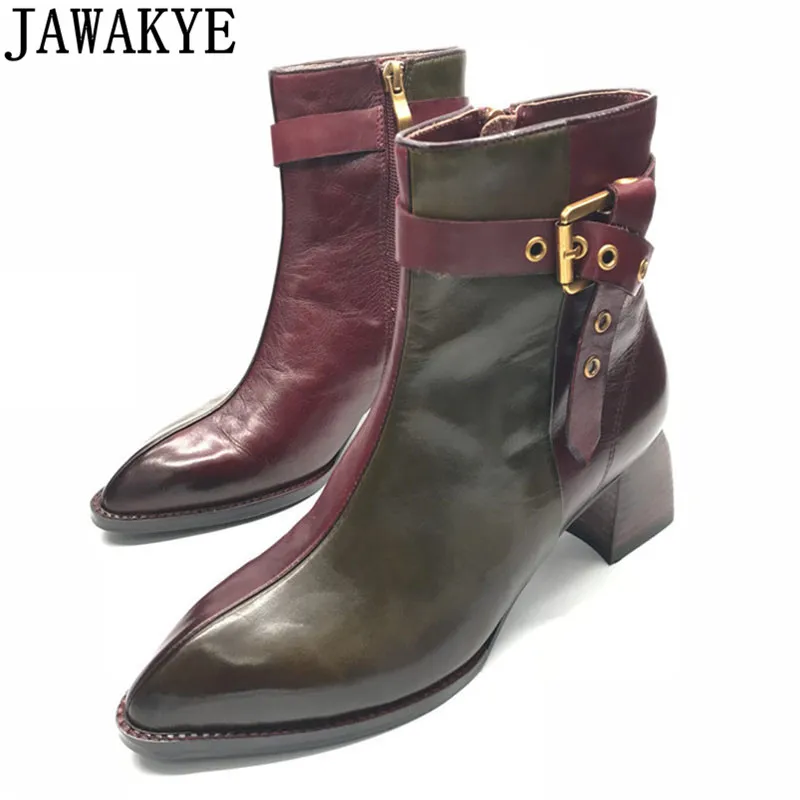 

JAWAKYE designer real leather ankle boots for women buckled strap chunky high heels retro side zipper western martin botas