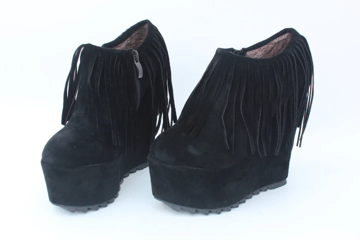 LLXF bota feminina 15 см на высоком каблуке с кисточками обувь на танкетке женские туфли-лодочки из флока на шпильках Зимние ботильоны маленькие размеры: 30, 31, 32, 33, 34