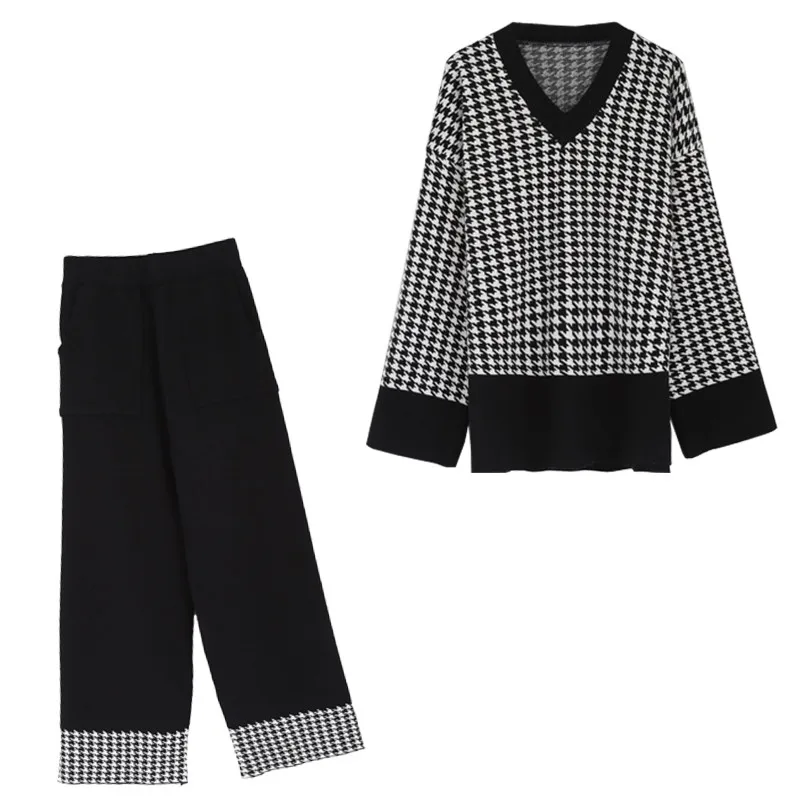 Houndstooth 2 Piece Set Women Long Sleeve V-neck Knitted Sweater And Wide Leg Pants Trousers Sets Suits Autumn Winter Casual Set Houndstooth 2 Piece Set Women Long Sleeve V-neck Knitted Sweater And Wide Leg Pants Trousers Sets Suits Autumn Winter Casual Set