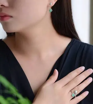 

Fidelity Natural emerald s925 sterling silver flowers fine jewelry sets for women natural green gemstone rings Pendant earrings
