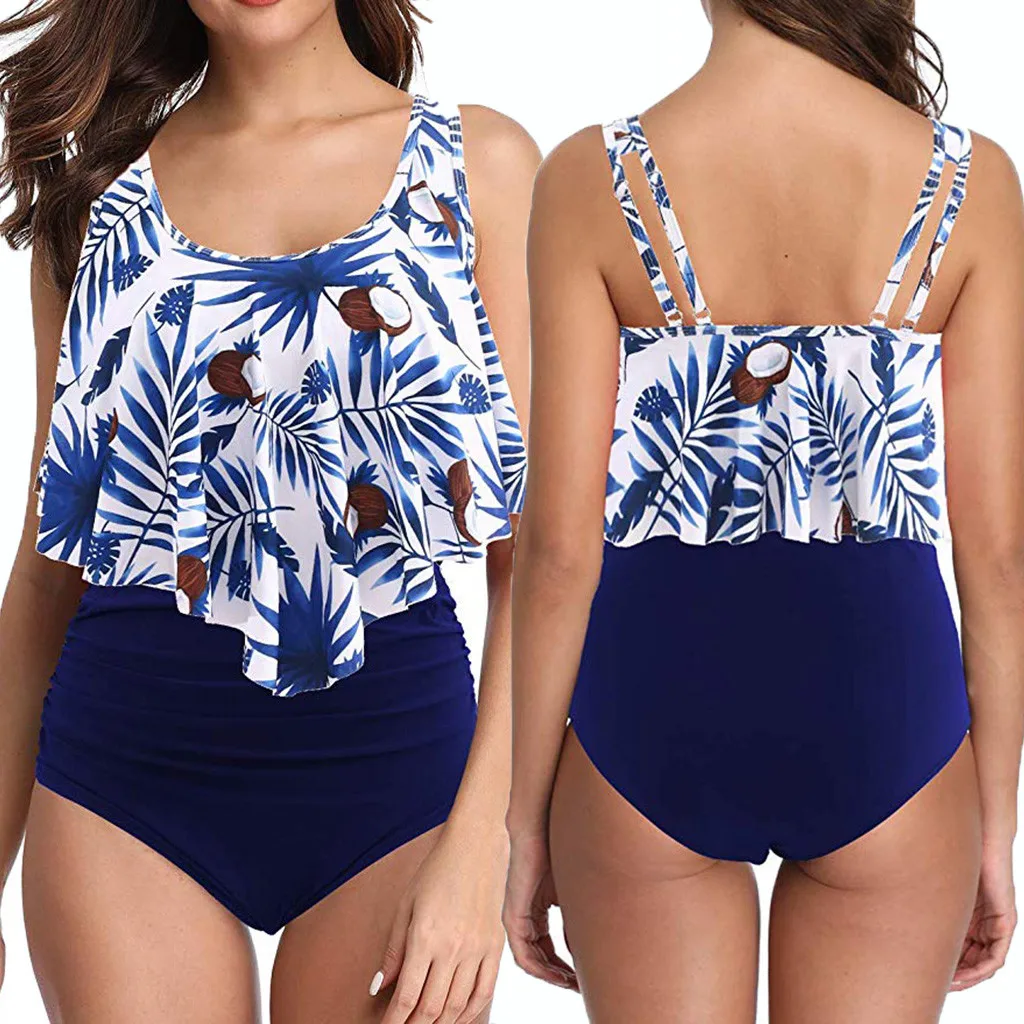 

Bikini 2019 High quality Women Two Piece Plus Size Sexy Backless Halter Beach Printed Swimwear Set Cover up Dropping Biquini