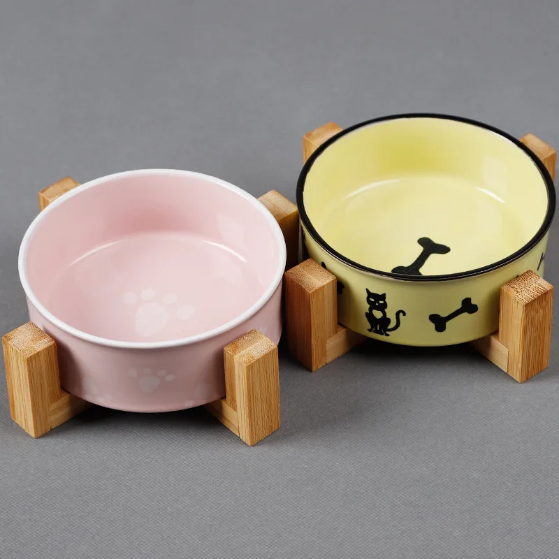 New Printed Bone Paw Ceramic Dog Bowl Wooden Rack Dog Food Bowl Drinking Water Dish Pet Bowls Cat Dog Feeder Dog Food Container