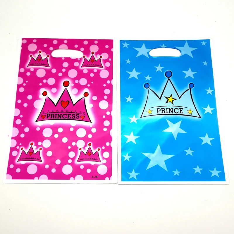 

20pcs/lot Baby Shower Party Kids Favors Prince Princess Pink Blue Crown Theme Plastic Loot Bags Birthday Decorate Gifts Bags