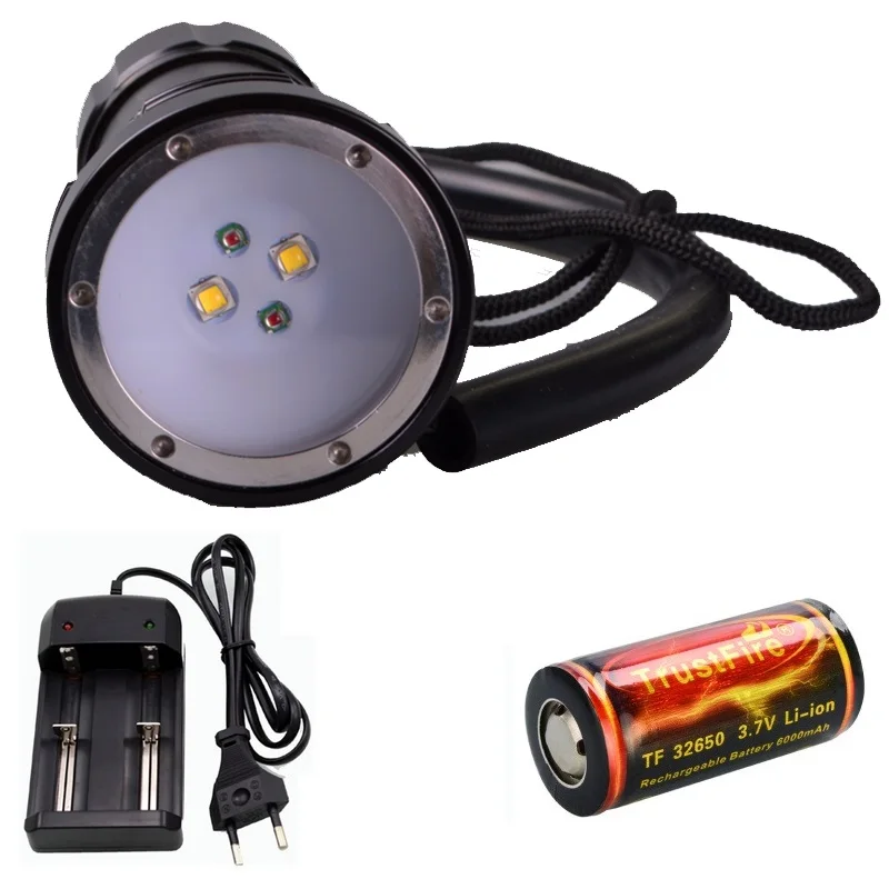 

D32VR Underwater Diving Video Flashlight 2*CREE XP-E N3 LEDs Red Light Lamp + 2xCREE XML U2 LED White Light + 1x32650+Charger
