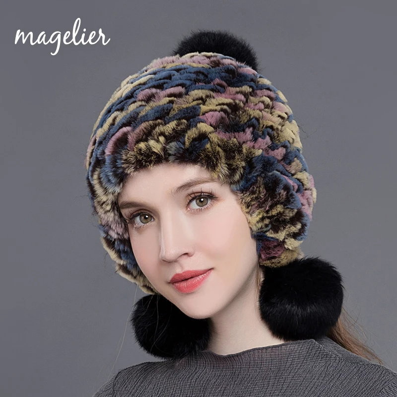 

Magelier Women's Real Fur Hats Winter Warm Knitted Natural Rex Rabbit Fur Beanies Pom Poms with 3 Fur Balls Soft Caps New MZ008