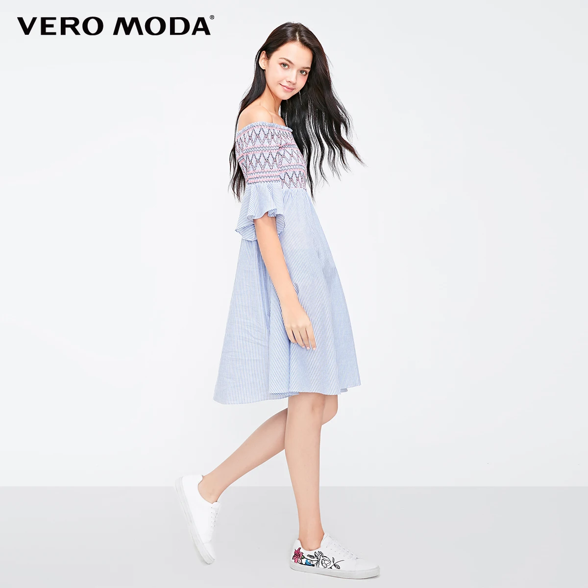 Vero Moda Полосатое платье с открытыми плечами и расклешенными рукавами | 31836Z518 - Цвет: Lt. pewter blue