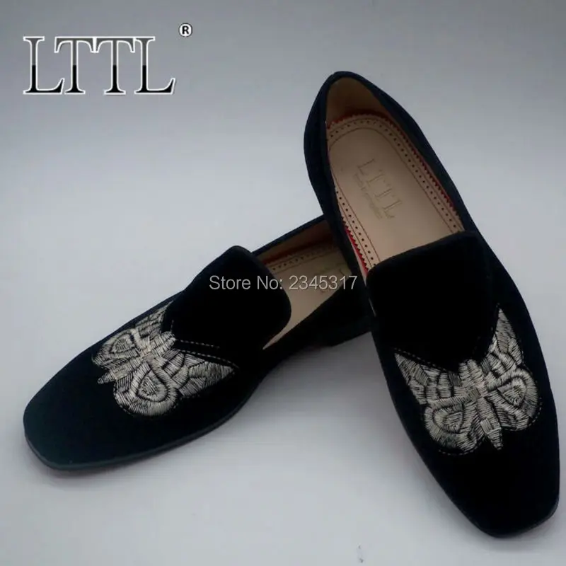 

Luxury Fashion Black Velvet Men Shoes Big Size Embroidered Butterfly Slip On Men's Wedding And Dress Loafers Red Bottom Slippers