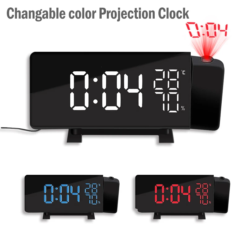 

Rotating projection digital LED clock Temperature/hygrometer clock FM radio electronic clock desktop Curved screen alarm clock