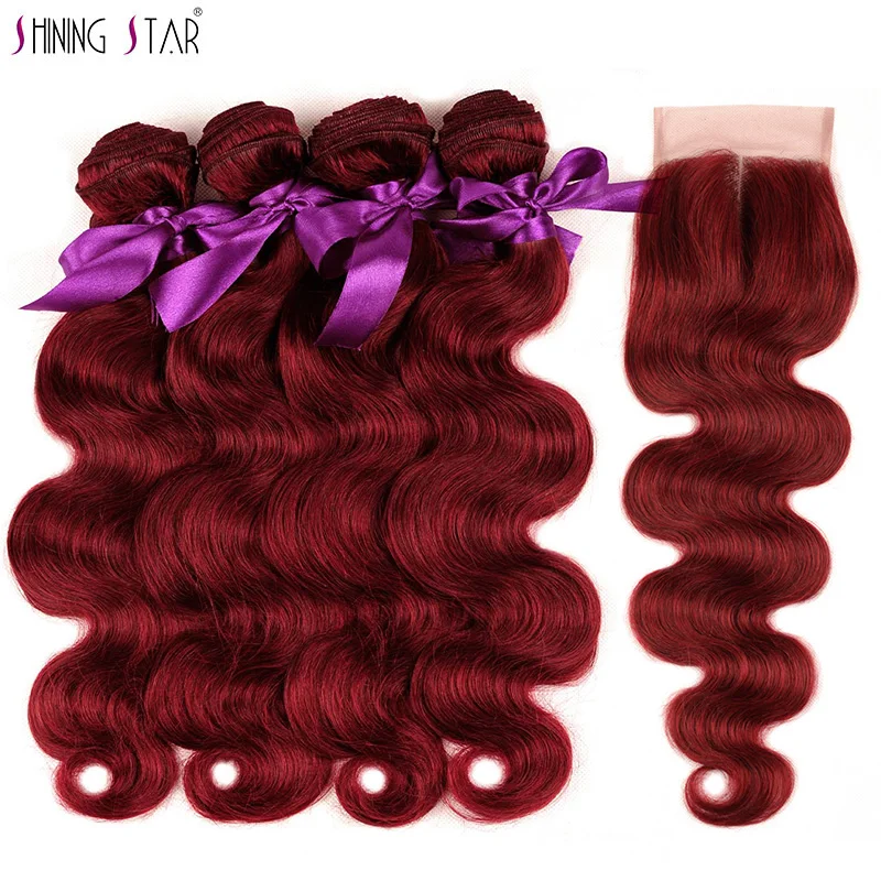 

Shiningstar 4 Colored 99J Malaysian Hair Bundles With Closure Red Body Wave Hair With Closure Weaves Human Hair Burgundy Nonremy