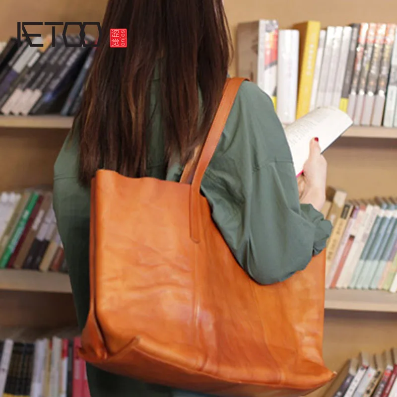 

AETOO Autumn new retro oversized shoulder bag simple leather handmade handbag large capacity soft tote bag