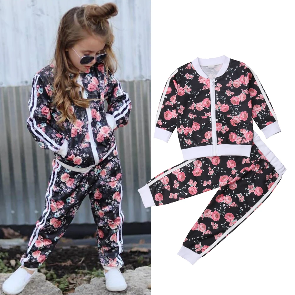 New Toddler Kids Baby Girl Clothes Set Casual Sportswear Floral Long Sleeve Jacket Coat Pants 2PCs Children Clothes