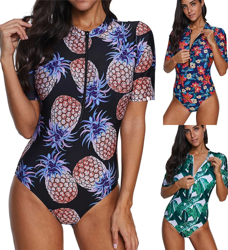 

TONY Women One Piece Short Sleeve Swimsuit Rash Guard Floral Bathing Suit Sun Protection Surf Suit Swimwear