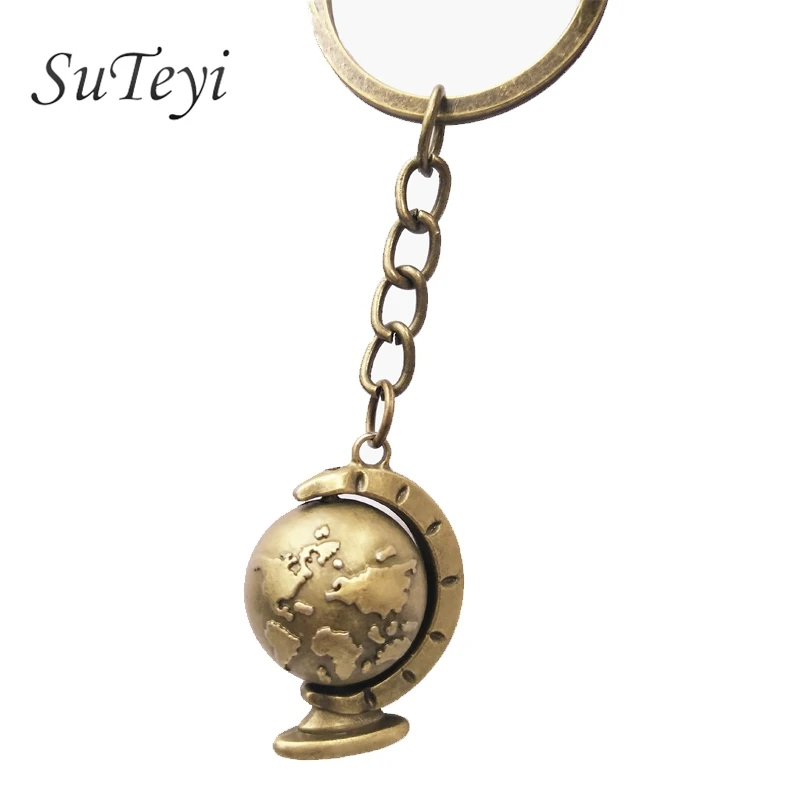 

SUTEYI Charms Globe Long Chain Keychain Alloy Plated Mens Key Ring Vintage Style Earth Car Key Chain Jewelry For Friend