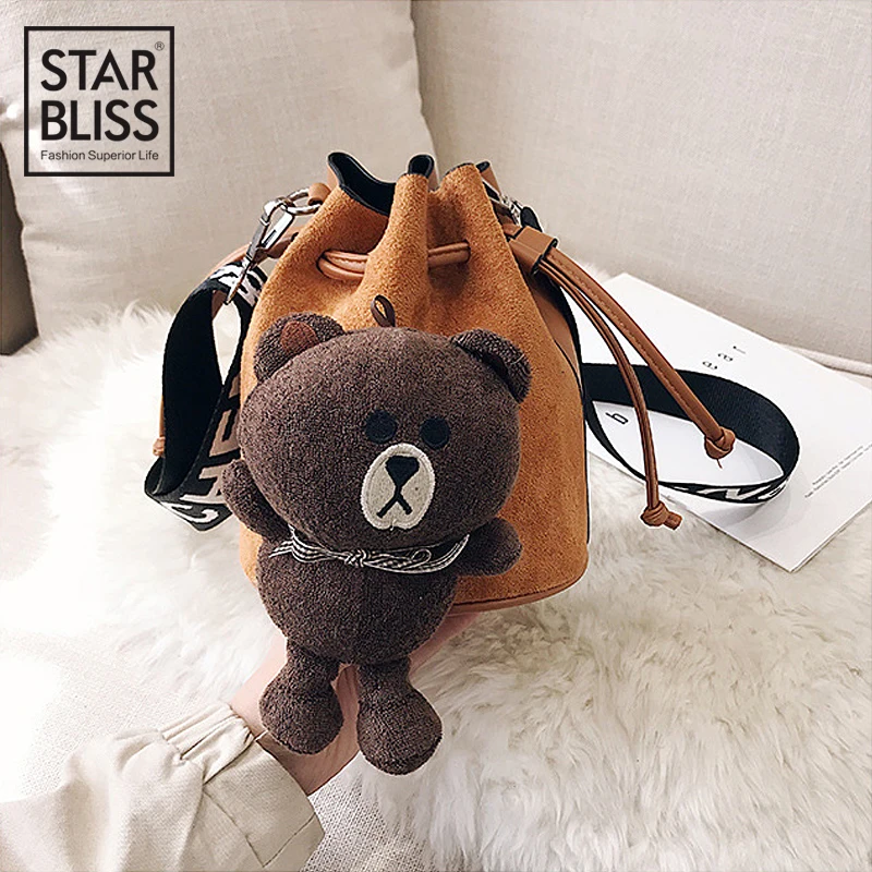 

Retro matte leather bucket bag 2019 new bear toy ins girl shoulder bag wild lady mini drawstring Messenger bag mobile wallet bag