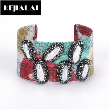 

KEJIALAI Boho Ethnic Pattern Leather Bracelet Women Men Jewelry Snakeskin Bangle Adjustable Size Pave with Pearl Rhinestone Gift