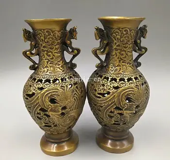 

Pair 18CM height classical copper brass carvings dragon phoenix vase statue