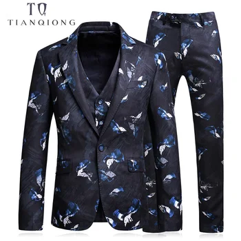 

TIAN QIONG Suit Men 2018 Classic Mens Suits Wedding Groom Fashion Printed Floral Prom Suits Stage Costumes for Singers 3 Pce