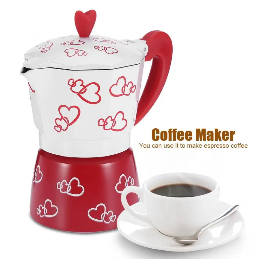 

6cups 300ml Coffee Pot Moka Pot Coffee Maker Red Heart Printed Aluminum Alloy Espresso Mocha Coffee Pot Kit