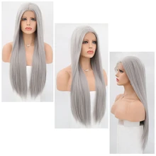 Харизма волосы натуральные длинные прямые серебристо-серый парик 180% Плотность термостойкие Glueless синтетические парики на кружеве для женщин