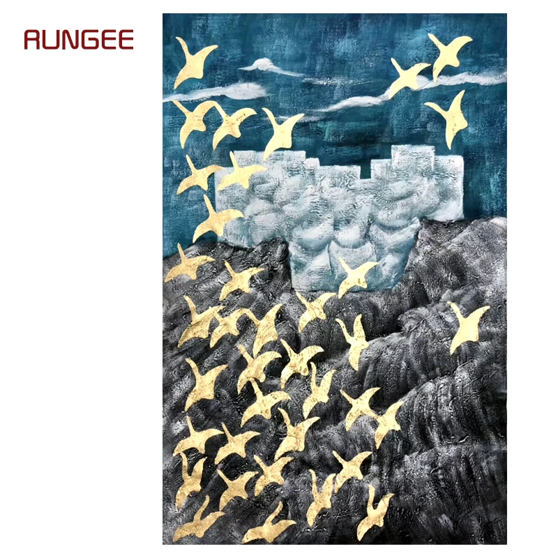 

100% Hand Painted Abstract Golden Bird Art Painting On Canvas Wall Art Wall Adornment Pictures Painting For Live Room Home Decor