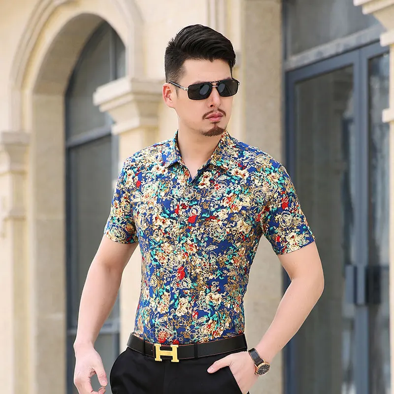 Мужская хипстерская шелковая рубашка с цветочным принтом и золотистой фольгой, брендовая новая приталенная бархатная рубашка с коротким рукавом и цветочным принтом, рубашка для дискотеки - Цвет: As Picture