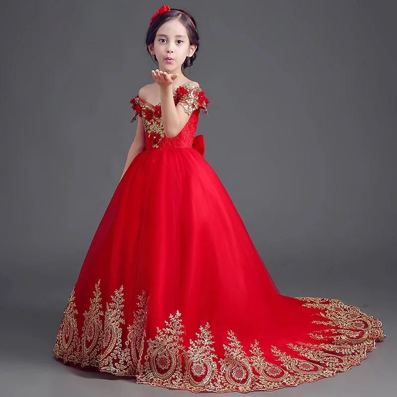 

custom Girl shoulderless red flower lace long ball gown dress with train