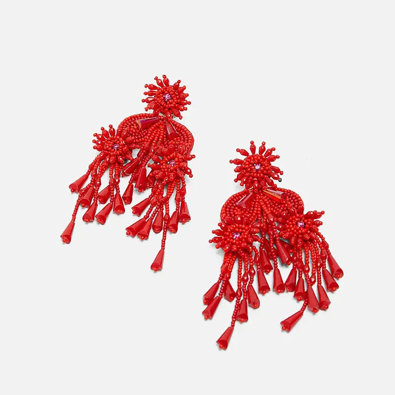 Flatfoosie Красный кисточкой кулон Za серьги ручной работы Смола Цветочные бусины-кристаллы массивные свадебные серьги свисающие серьги подарок