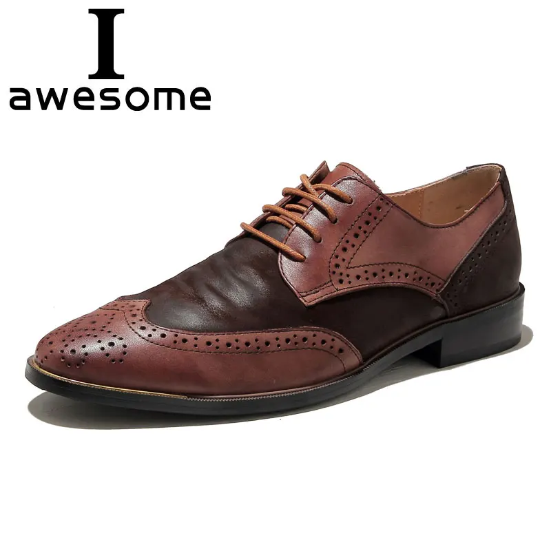 

2018 Men Dress Shoes Formal Wedding Genuine Leather Shoes Footwear Retro Brogue Business Office Men's Flats Oxfords For Men