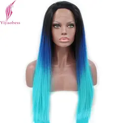 Yiyaobess жаропрочных Glueless синтетический Синтетические волосы на кружеве парик длинные прямые цвет: черный, синий Ombre Искусственные парики для