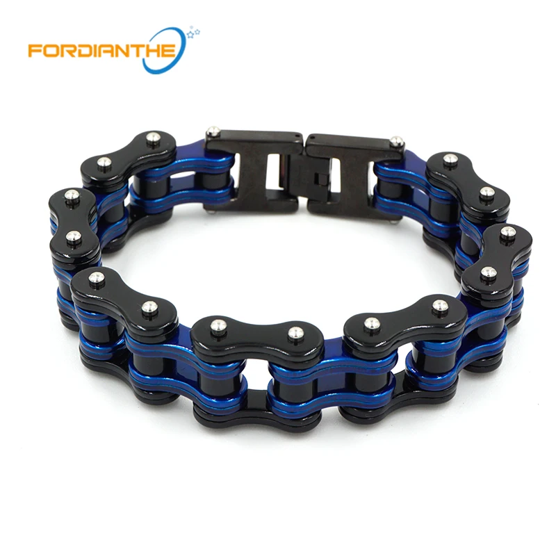 

Charm Jewelry Blue Metal Motorcycle Chain Bracelet Men Biker Bicycle Black Stainless Steel 316L Men's Chain & Link Boy Bracelets