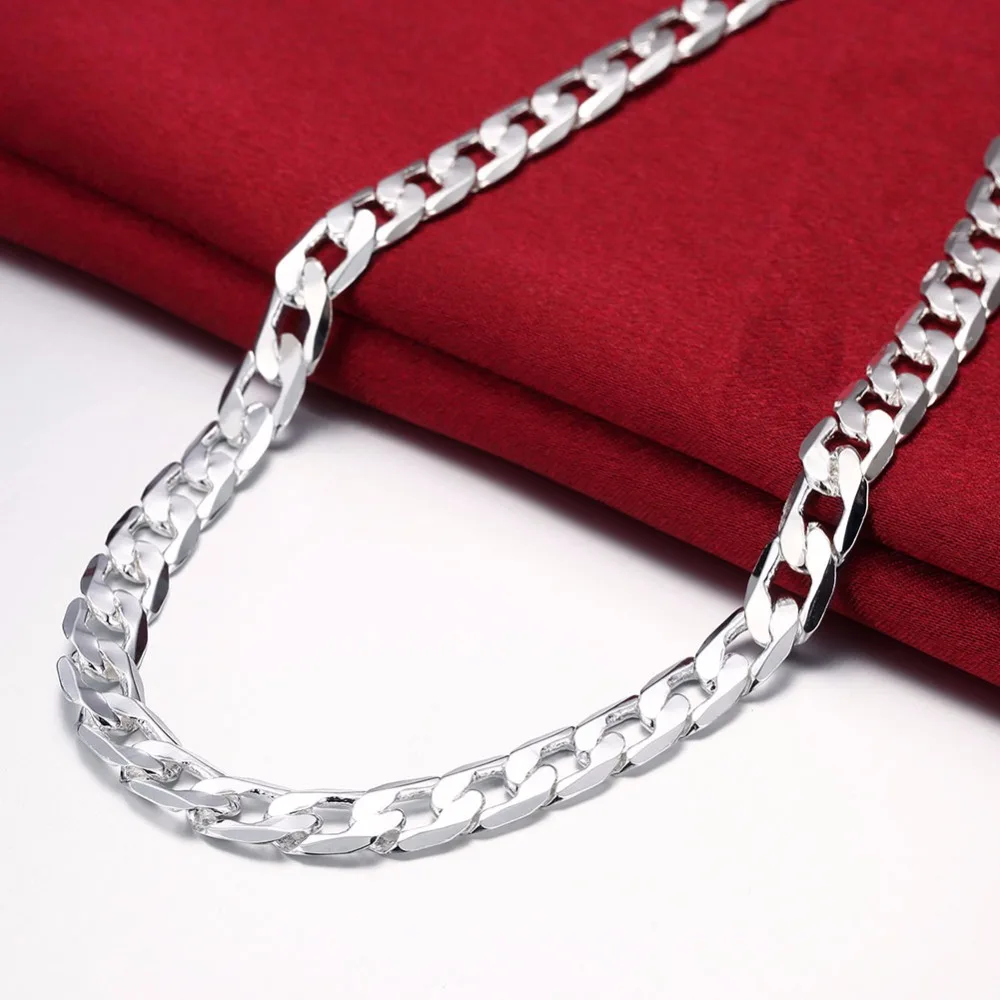 Silver 925 Flate Curb Chain Necklaces Women Men Jewelry collares kolye