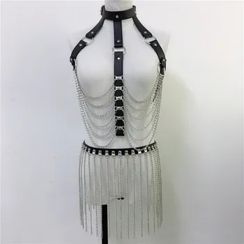 

Trendy Goth Metal Link Chain 2 Piece Sets Adjustable Buckle Rivet Harness Belts Long Tassel Suspenders Belts Night Party Outfits