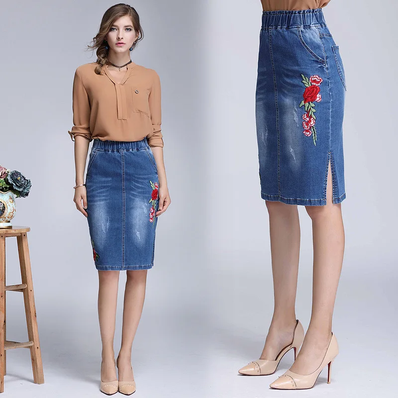 

Large size hip package skirts summer women's denim skirts carry buttock elastic waist embroidered floral denim skirts female 670