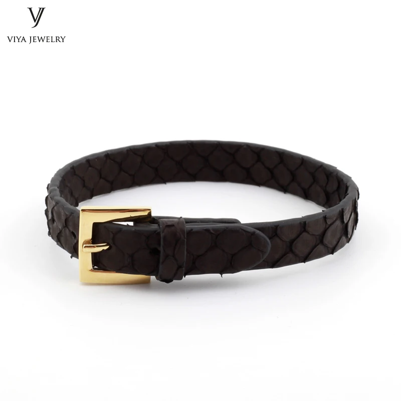 

Simple Clasp Flat Python Cord Wrap Bracelet Charm Cuff Leather Men Bracelet 10 mm Real Python Leather Wristband Adjust Bracelet