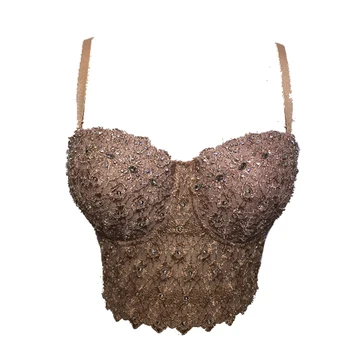 

Summer New Fashion Women Slim Mesh Lace Bead Bustier Pearls Diamond Push Up Sexy Night Club Halter Top Women CropTop A24